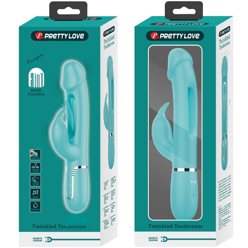 PRETTY LOVE - KAMPAS VIBRADOR RABBIT 3 EN 1 MULTIFUNCIÓN CON LENGUA VERDE AGUA